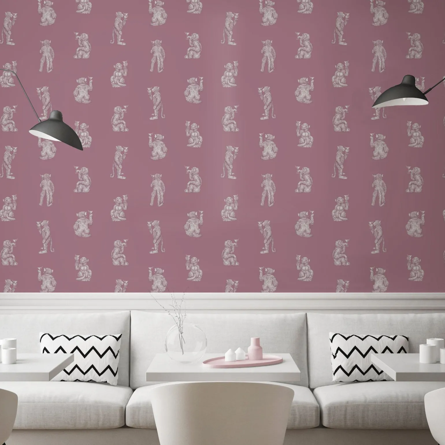 papier peint singe Cocktail Monkeys, rose, papier peint intissé, fabriqué et conçu en Allemagne 0,53x10,05 m (150 g/m²)