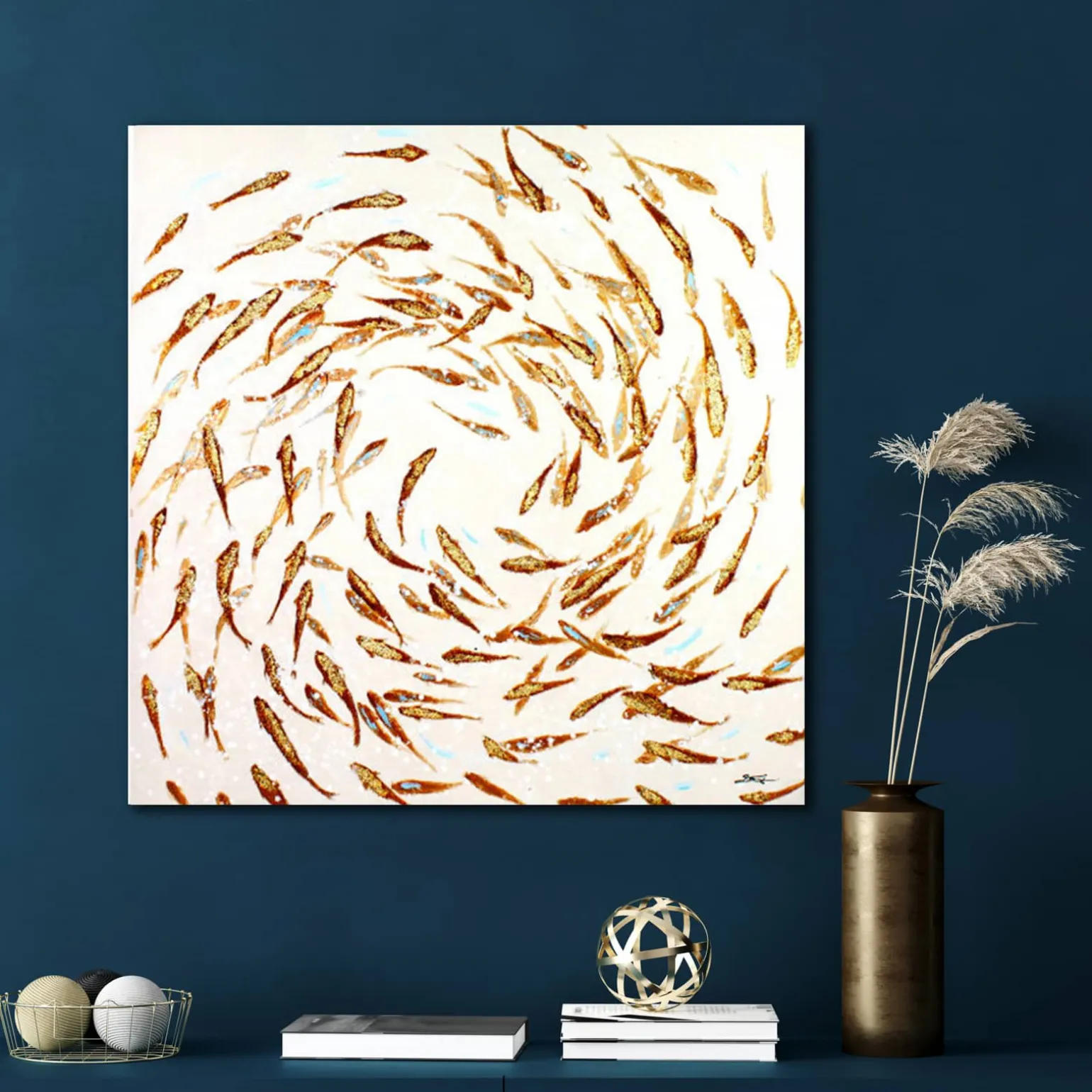 Peinture poisson Banc de poissons, blanc doré, peint à la main
