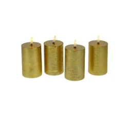 Set de 4 bougies LED, cire véritable, flamme 3D, or, plastique/cire, 6,5x10cm