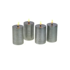 Set de 4 bougies LED, cire véritable, flamme 3D, argent, plastique/cire, 6,5x10cm