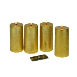 Set de 4 bougies LED, cire véritable, flamme 3D, or, plastique/cire, 7,5x15cm