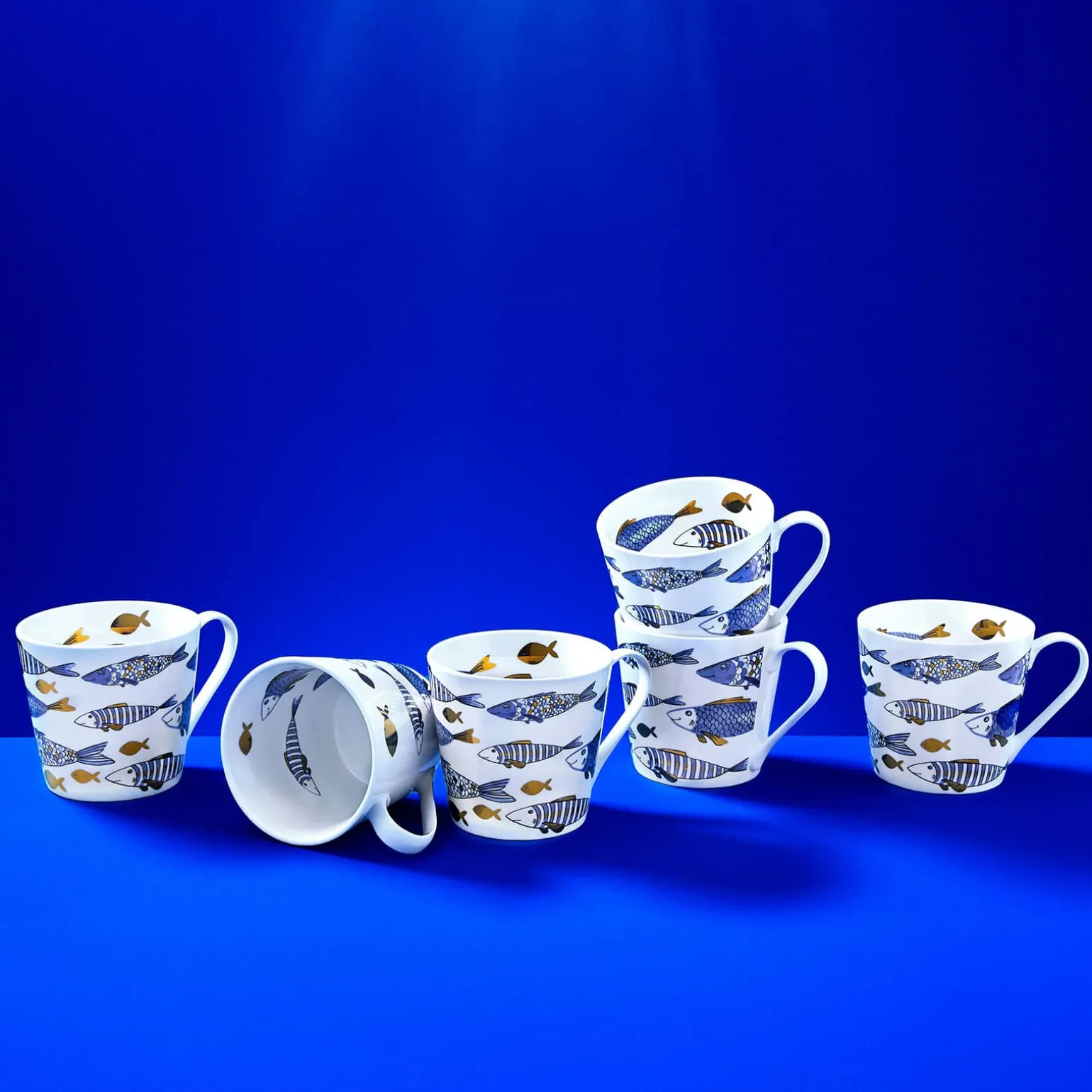 Set de 6 tasses café poisson Blue Fish, or bleu, plaqué or