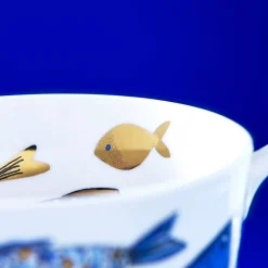 Set de 6 tasses café poisson Blue Fish, or bleu, plaqué or