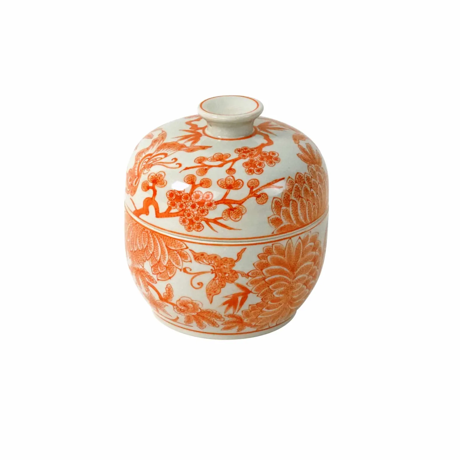 Vase à couvercle Jardin à motif floral, blanc-orange, peint à la main