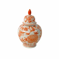 Vase à couvercle Jardin à motif floral, blanc-orange, peint à la main