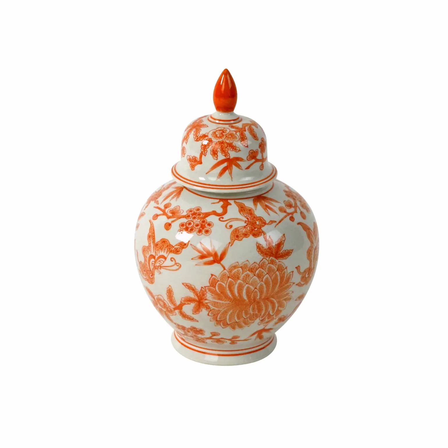 Vase à couvercle Jardin à motif floral, blanc-orange, peint à la main