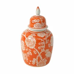 Vase à couvercle Jardin à motif floral, orange-blanc, peint à la main